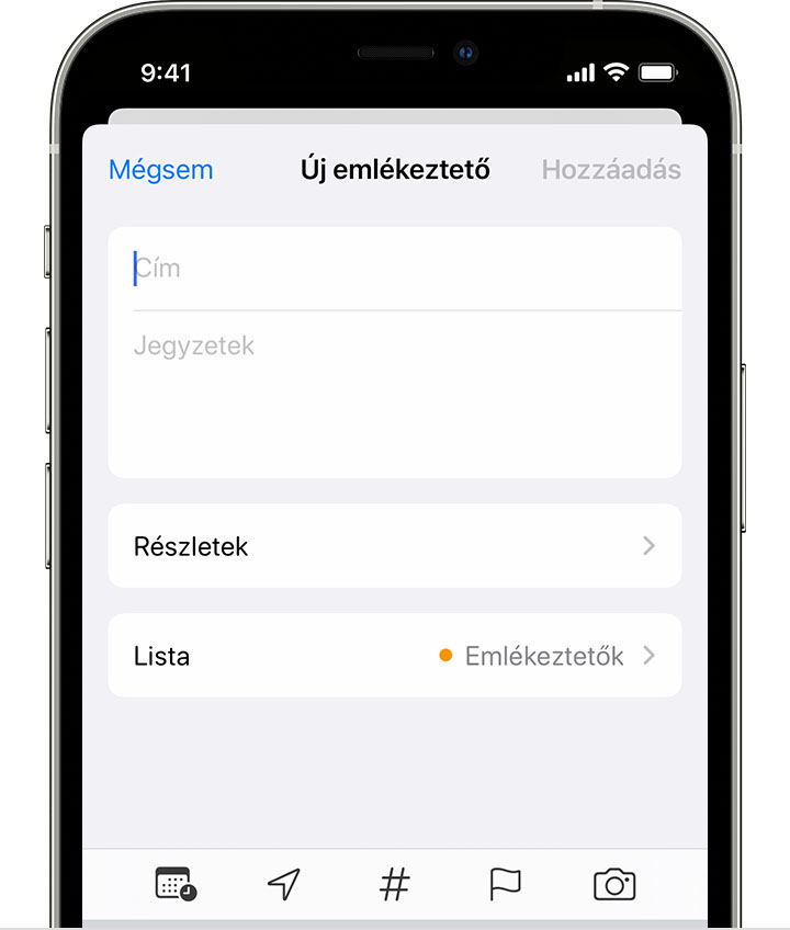 Egy iPhone, amelyen az Új emlékeztető képernyő látható, ahol címet, jegyzeteket és egyéb részleteket adhat hozzá emlékeztető létrehozásakor.