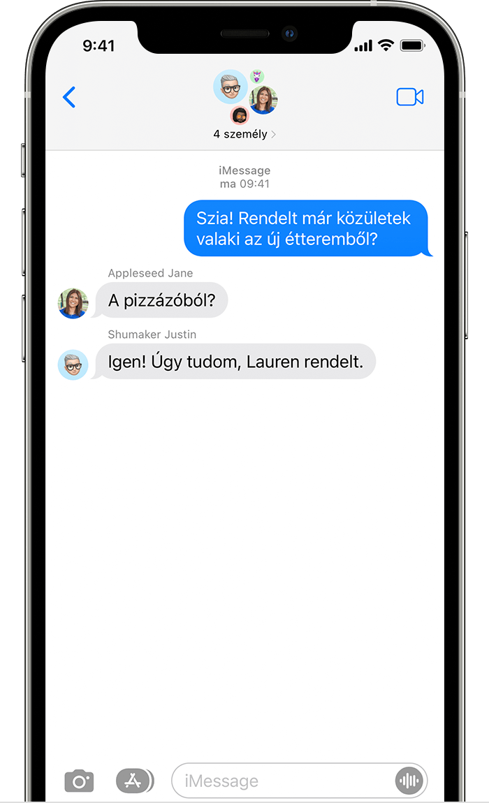 iPhone-képernyő, amelyen egy öt résztvevős csoportos iMessage-üzenet látható.