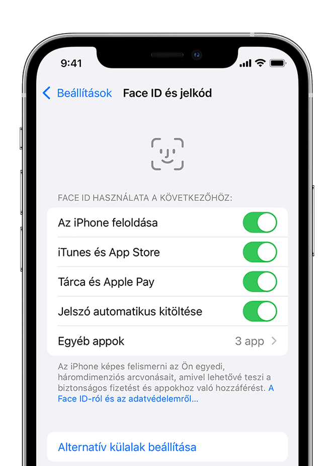 Egy iPhone, amelyen a Beállítások > Face ID és jelkód képernyő látható.