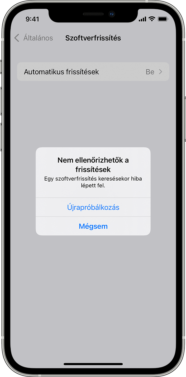 Egy iPhone, amelyen a „Nem ellenőrizhetők a frissítések” üzenet látható.