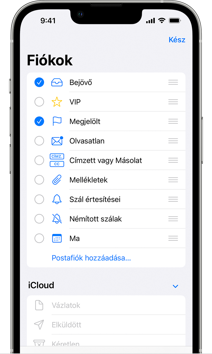 A Megjelölt postafiók kiválasztása az iOS 15 rendszerben