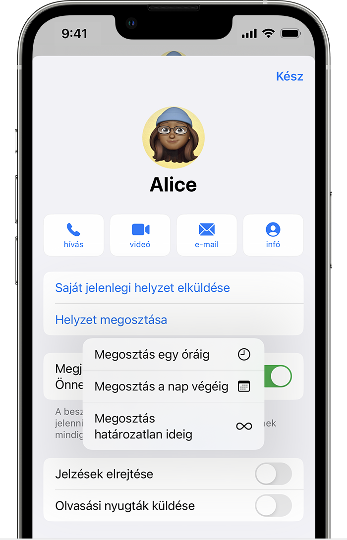 iPhone, amelyen az látható, hogyan kell elküldeni és megosztani a tartózkodási helyét az Üzenetek alkalmazásban.