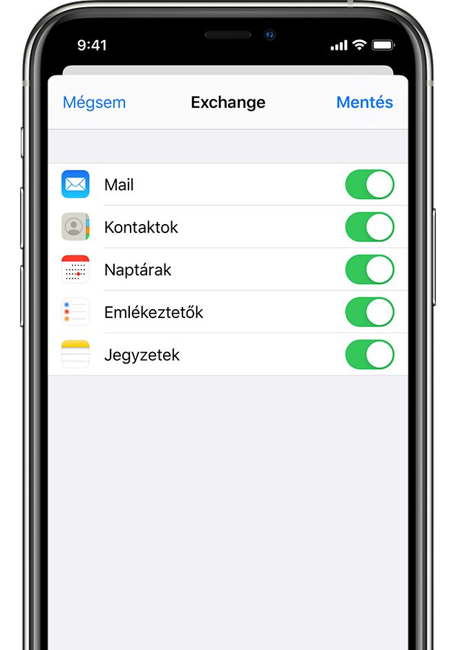 Az Exchange-fiók konfigurációs képernyője a beállításokban