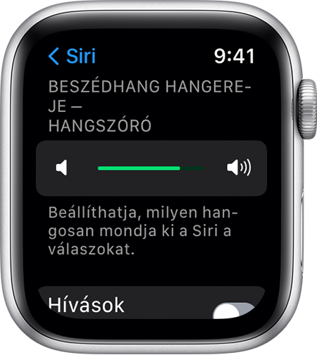 watchOS-képernyő, amelyen a Beszédhang hangereje – Hangszóró szakasz látható