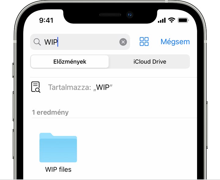 Keresési eredmények egy iPhone-on a „WIP” kifejezésre, amely egy fájlokat tartalmazó mappa neve.