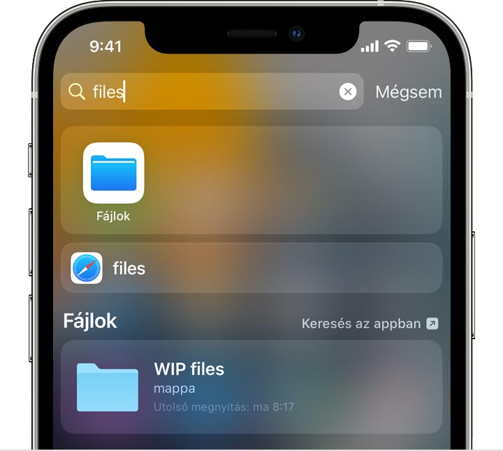 Keresési eredmények egy iPhone-on, amelyek között látható a Fájlok alkalmazás ikonja.