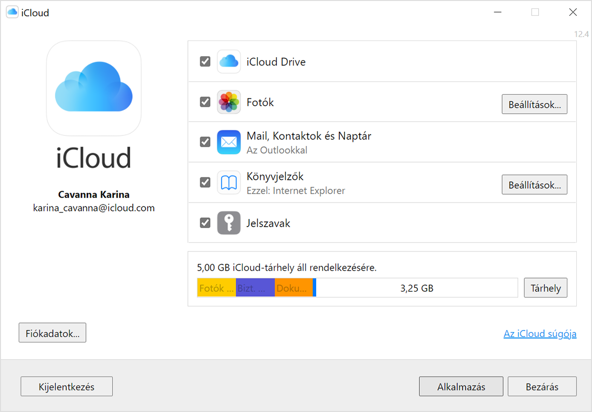 Az iCloud Windows-verziójában az Apple ID-s e-mail-cím a neve alatt látható.