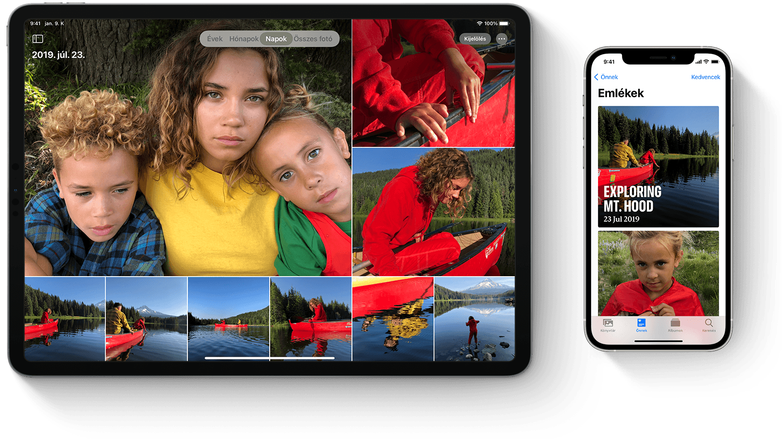 Az iCloud-fotók ugyanazon Emlék albumát bemutató iPad Pro és iPhone 12 Pro