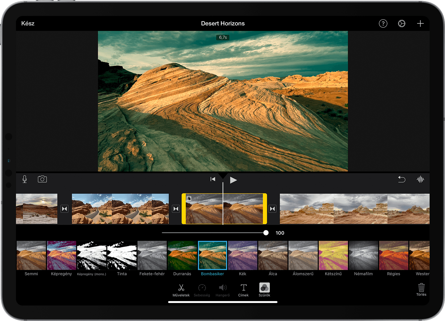 iPaden megnyitott iMovie-projekt, amelyben a Szűrők galéria látható