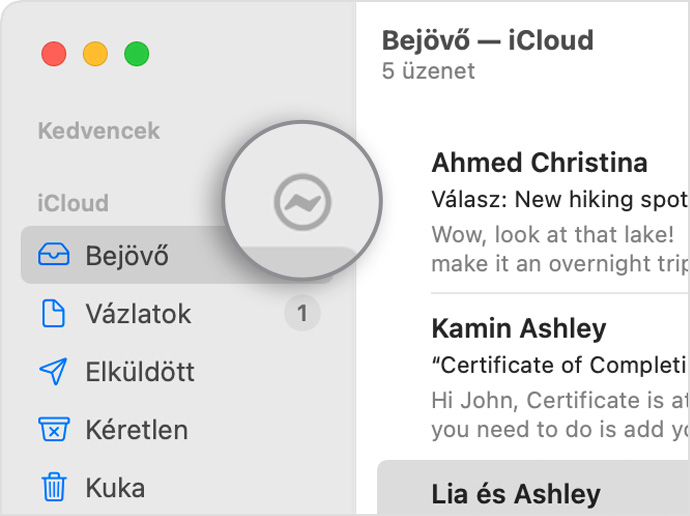 Egy iCloud-fiók a Mail oldalsávján, egy villám alakú ikonnal