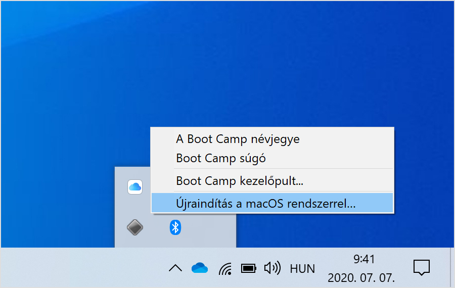 A Boot Camp menüje a Windows 10-ben