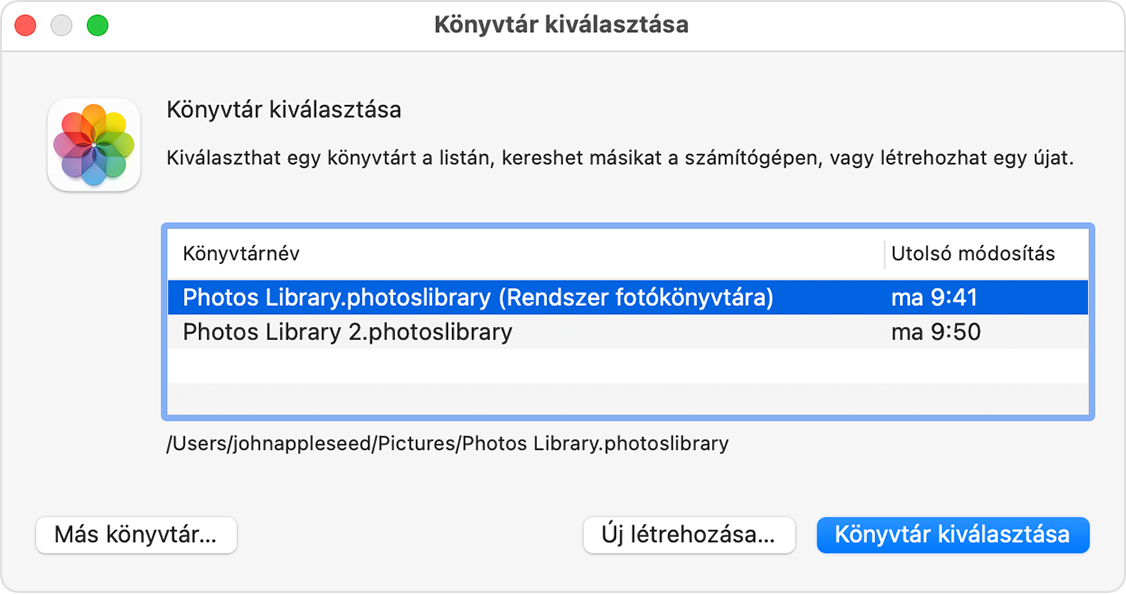 A macOS Fotók alkalmazásának Könyvtár kiválasztása ablaka