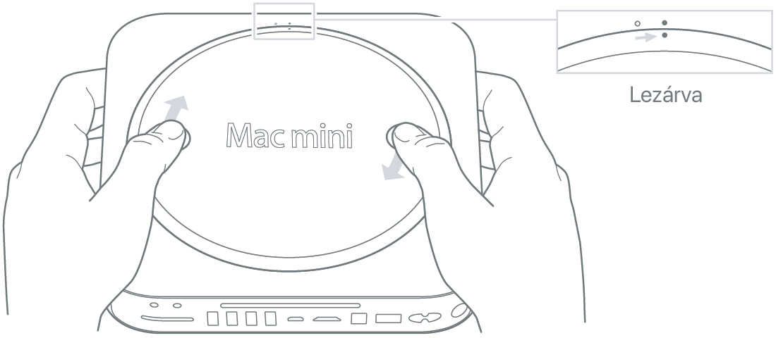 A Mac mini alja, az alsó fedőlap zárt állásban van