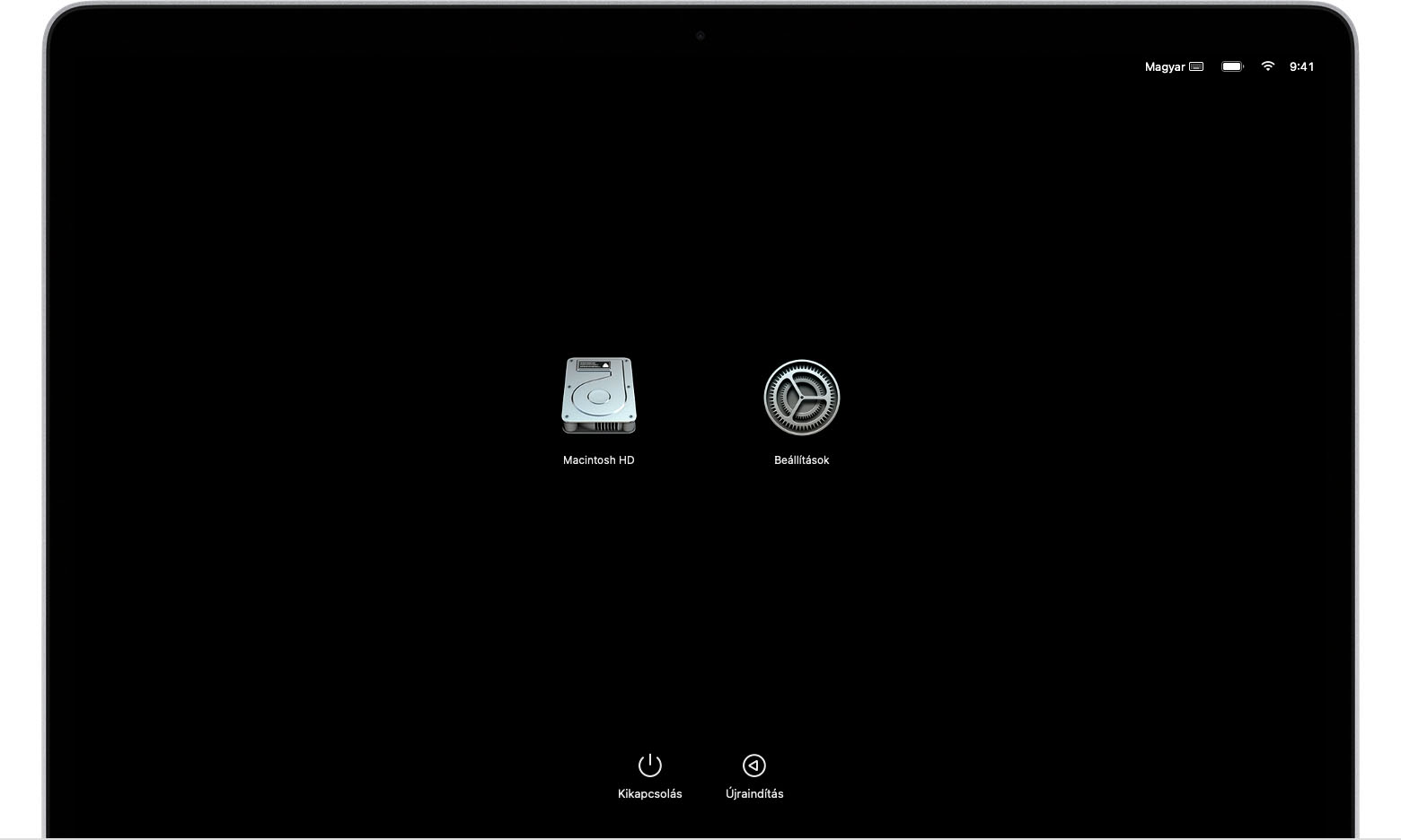 A macOS indítási beállításainak a képernyője, amelyen a Macintosh HD és a Beállítások ikonja látható