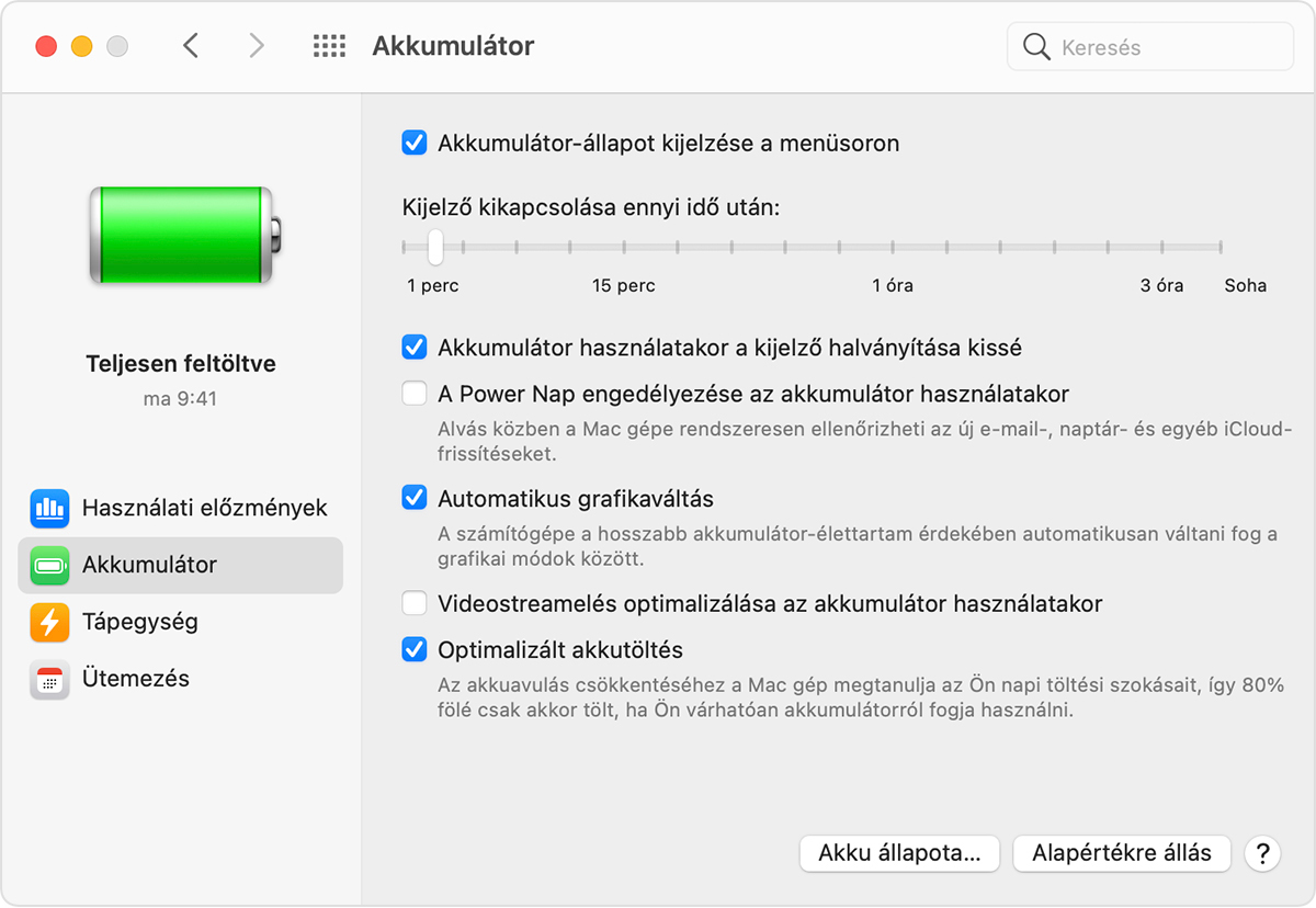 A macOS rendszer Akkumulátorbeállítások ablaka, amelyen be van jelölve az Automatikus grafikaváltás lehetőség