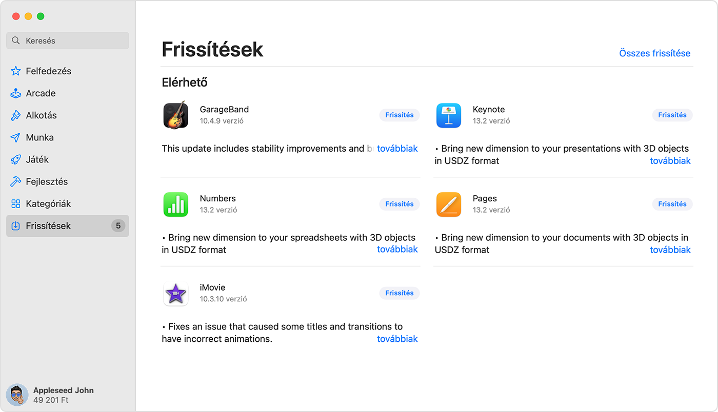 A Frissítések oldal egy Macen megnyitott App Store-ban.