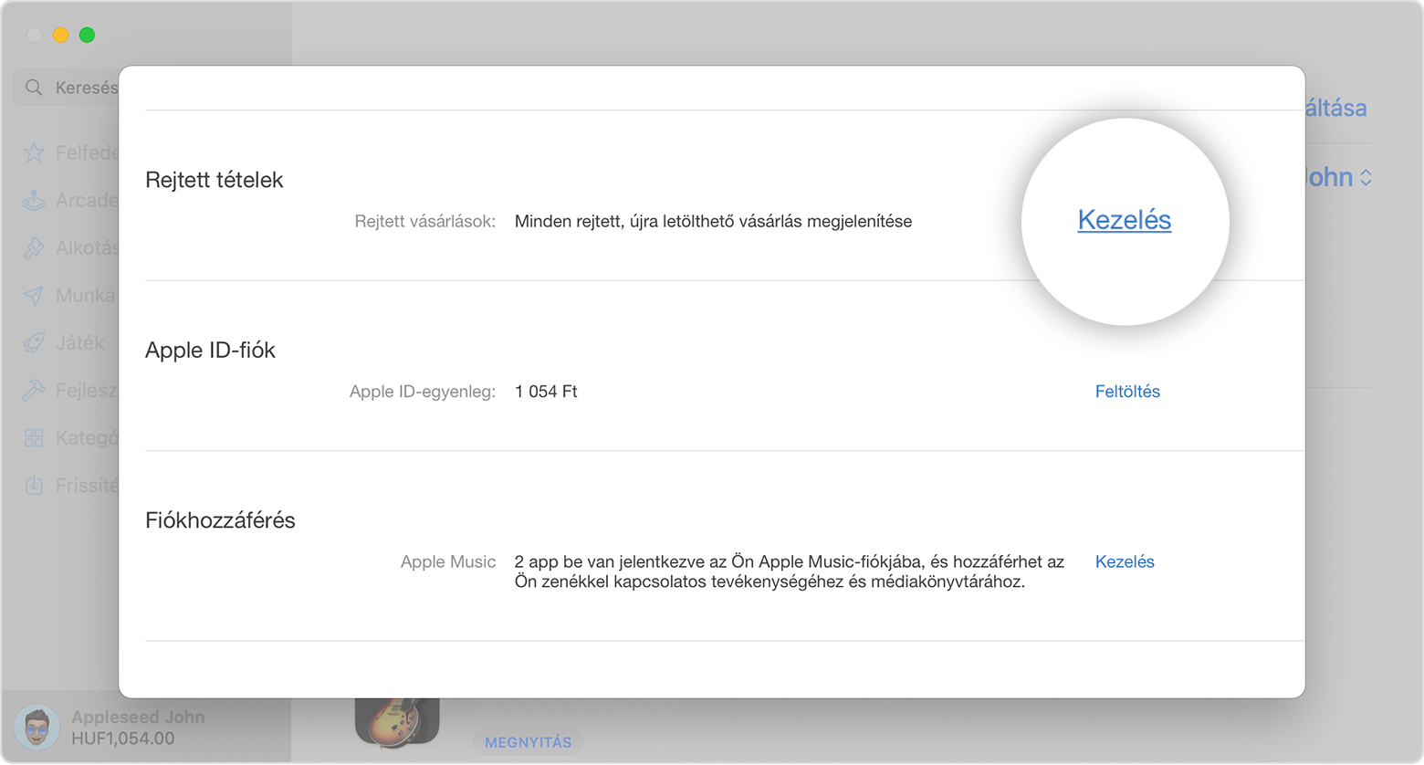 App Store a Macen, amelyen a fiókinformációs oldal Rejtett tételek szakasza látható. A képen a Kezelés gomb látható kinagyítva.