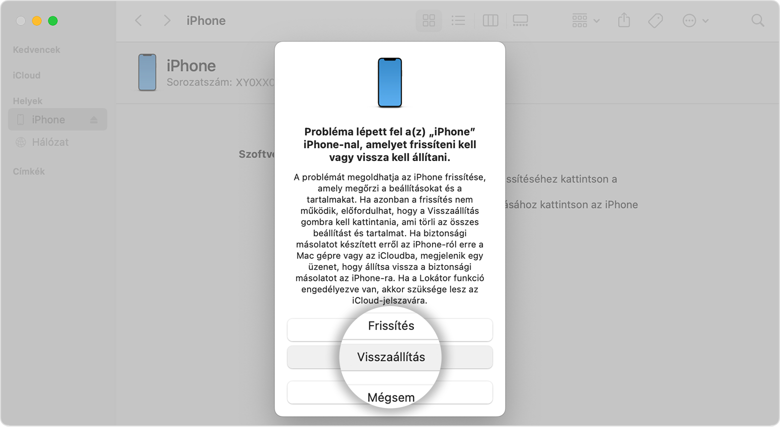 iPhone-ját a Finderen keresztül is visszaállíthatja, miután csatlakoztatta az iPhone-t a számítógéphez