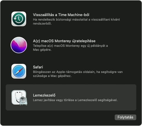 A macOS-helyreállítás segédalkalmazások ablaka, amelyben a Lemezkezelő ki van választva