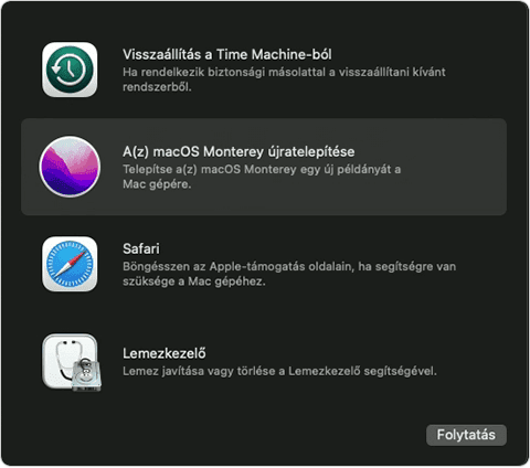A macOS-helyreállítás funkció, amelyben a „macOS Monterey újratelepítése” lehetőség van kiválasztva