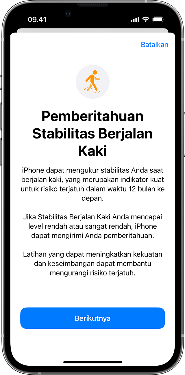 Layar iPhone menampilkan halaman pengaturan untuk Stabilitas Berjalan Kaki
