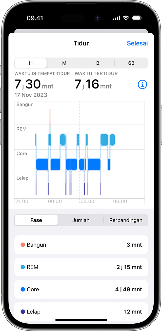 Layar iPhone menampilkan grafik data Tidur
