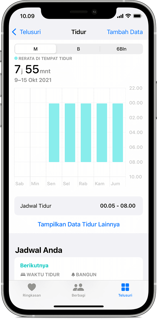 Layar iPhone menampilkan grafik data Tidur