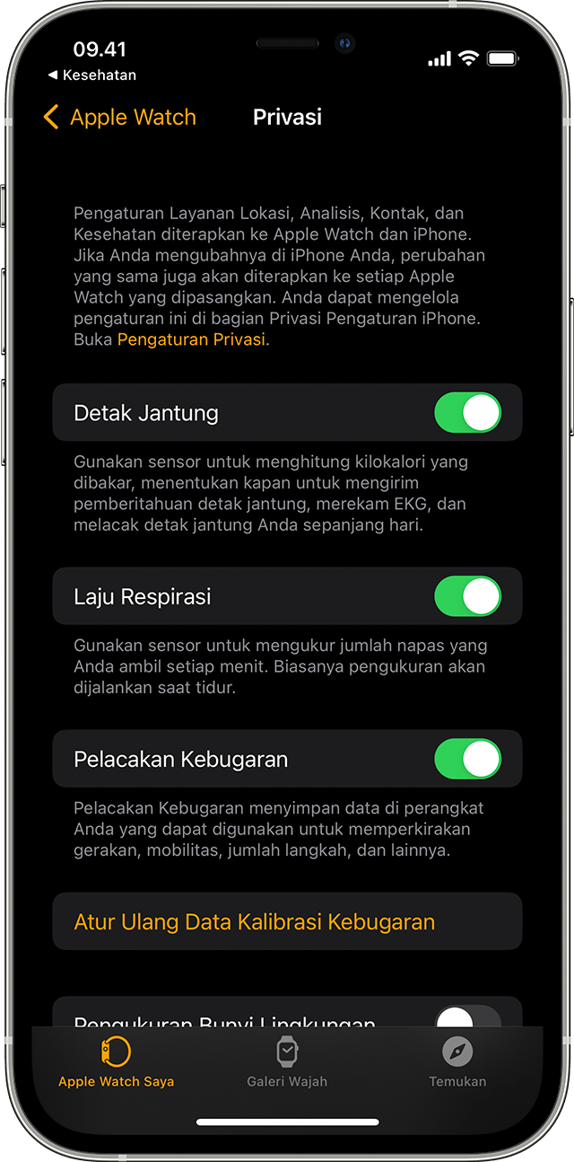 Pilihan Pengaturan Privasi untuk app Kesehatan di iPhone. 