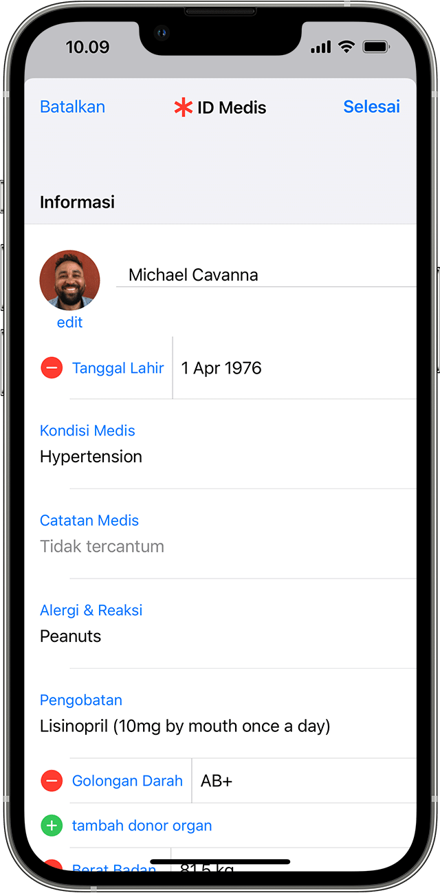 Layar iPhone menampilkan informasi ID Medis