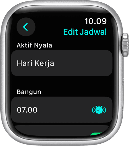 Layar Apple Watch menampilkan pilihan untuk mengedit jadwal tidur penuh