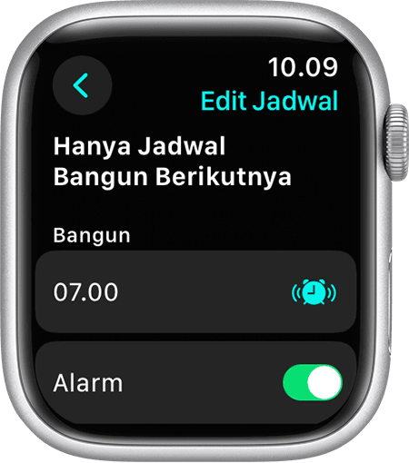 Layar Apple Watch menampilkan pilihan untuk mengedit Hanya Jadwal Bangun Berikutnya