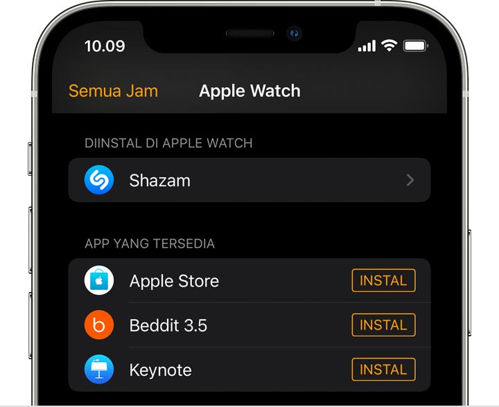 Layar iPhone menampilkan app Apple Watch 