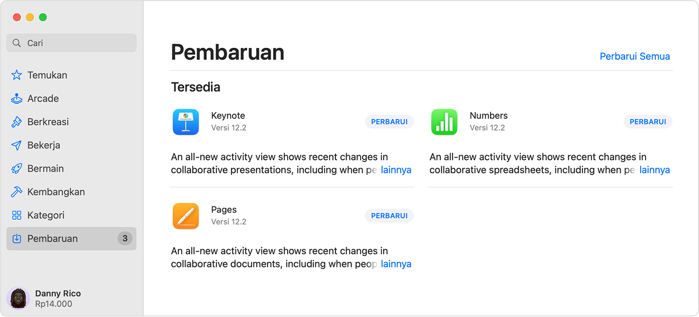Mac menampilkan halaman Pembaruan di App Store.