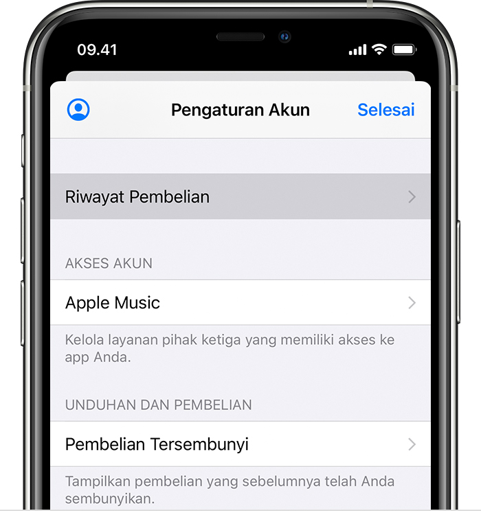 iPhone menampilkan pilihan menu Riwayat Pembelian di Pengaturan.