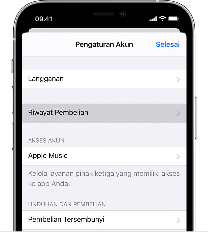 iPhone menampilkan pilihan menu Riwayat Pembelian di Pengaturan.