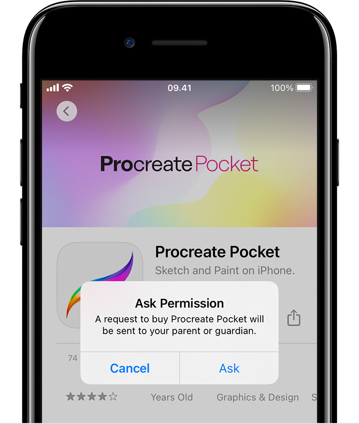 iPhone milik anak menampilkan pesan yang mengatakan bahwa permintaan untuk membeli buku ini akan dikirimkan kepada orang tua atau wali. Di bawah pesan ini, terdapat tombol Batalkan dan tombol Minta.