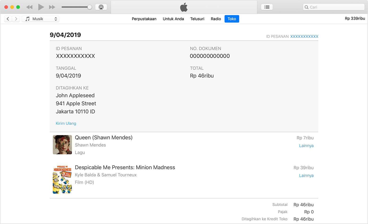 Melihat riwayat pembelian di App Store dan iTunes Store 