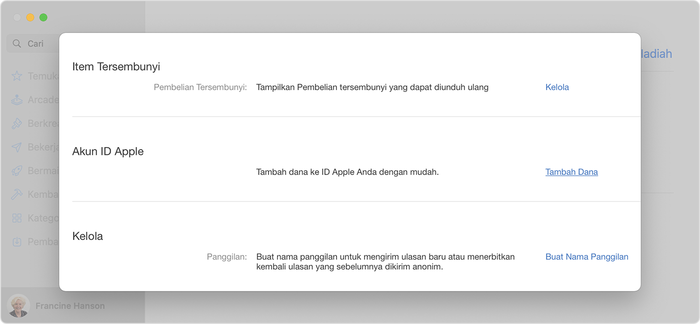 Mac menampilkan pilihan Tambahkan Dana ke Akun di App Store.