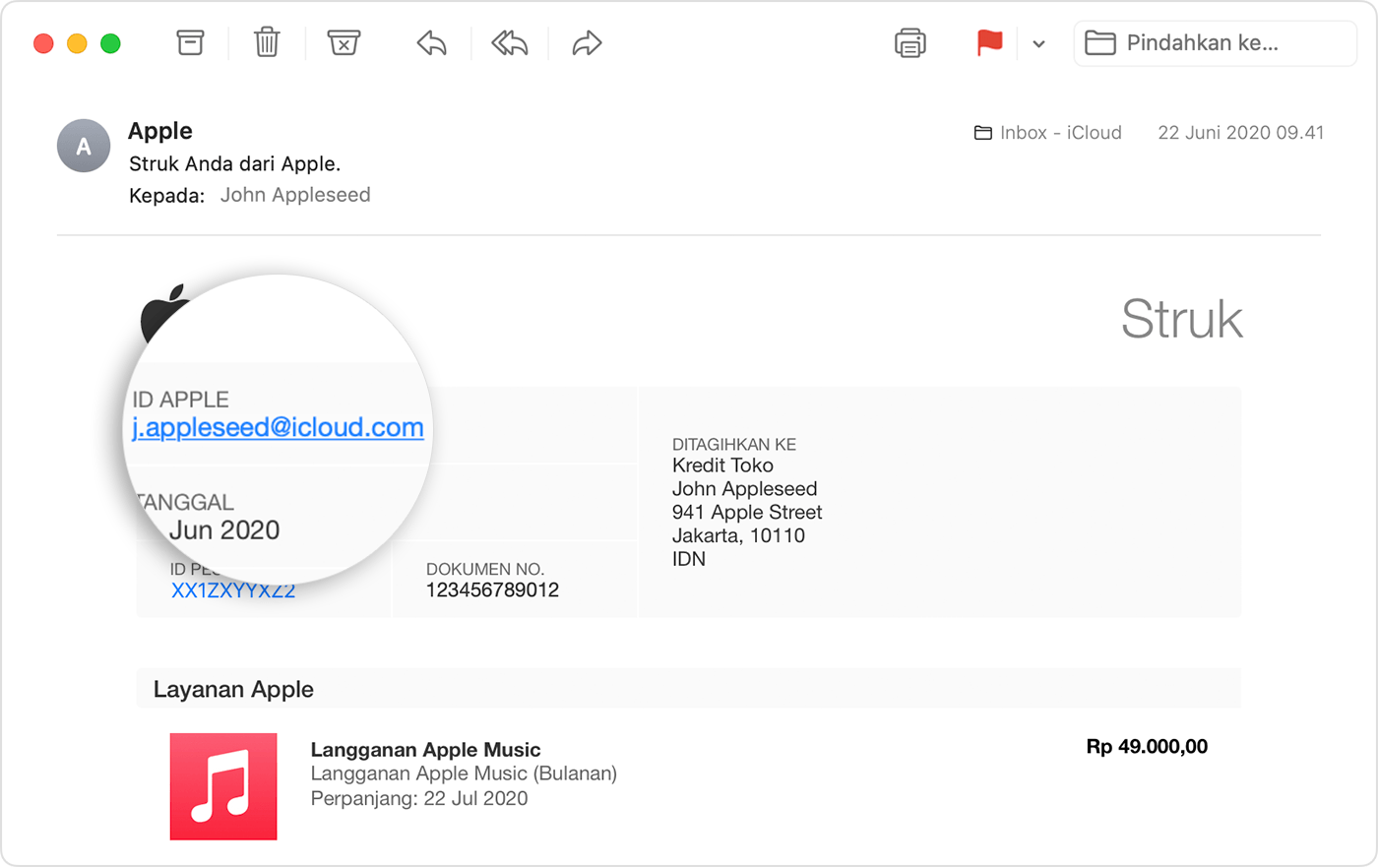 Tanda terima email dari Apple yang menunjukkan ID Apple orang yang membeli langganan Apple Music.