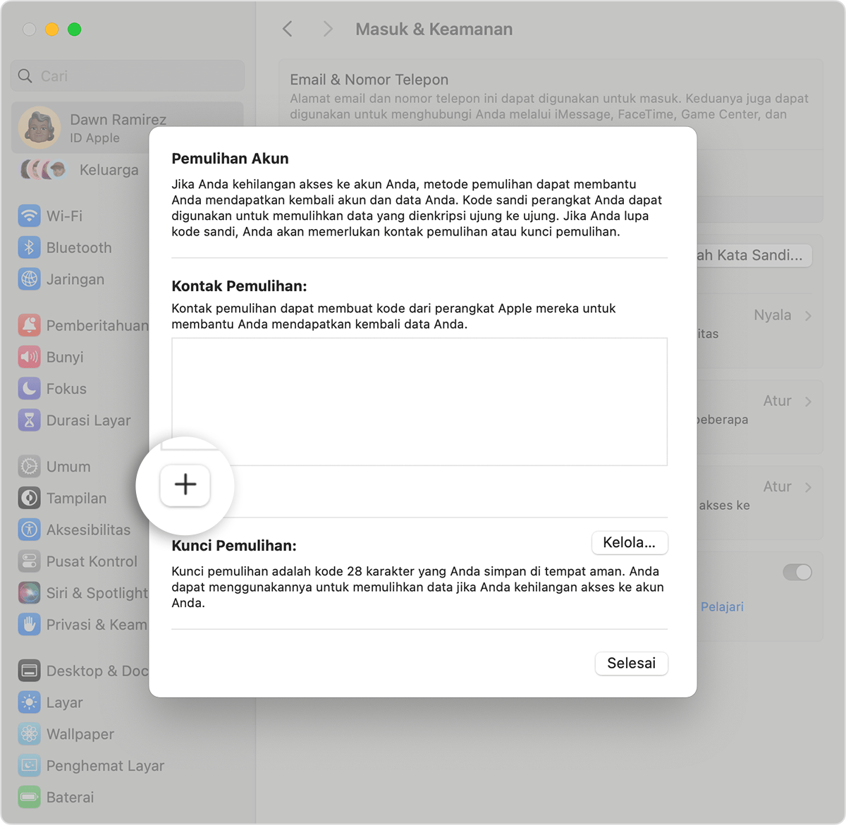 Layar Mac yang menampilkan cara menambahkan Kontak Pemulihan
