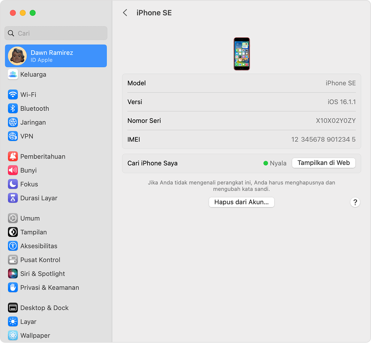 Menghapus perangkat dari daftar perangkat ID Apple Anda di Mac