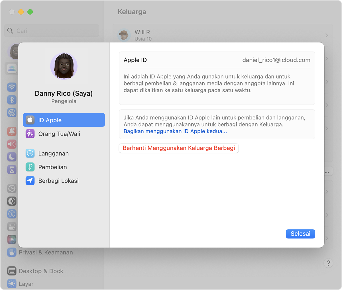 Berhenti Menggunakan Keluarga Berbagi terletak di bawah ‘Bagikan menggunakan ID Apple kedua’.