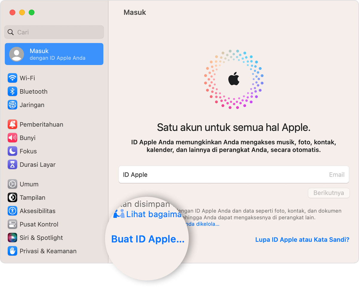 Di Mac, buat ID Apple dari Pengaturan Sistem
