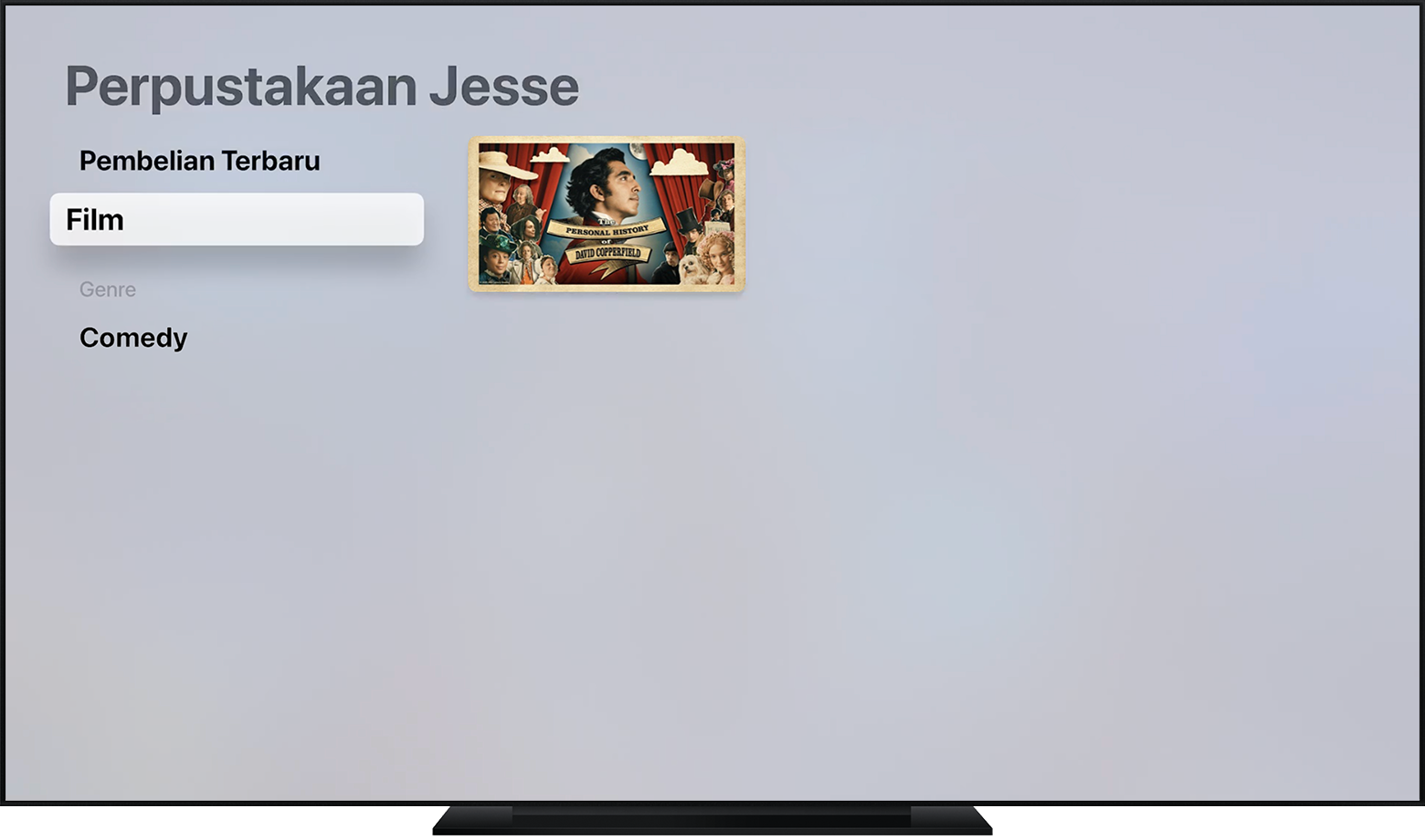 Apple TV menampilkan film di perpustakaan milik Jesse.