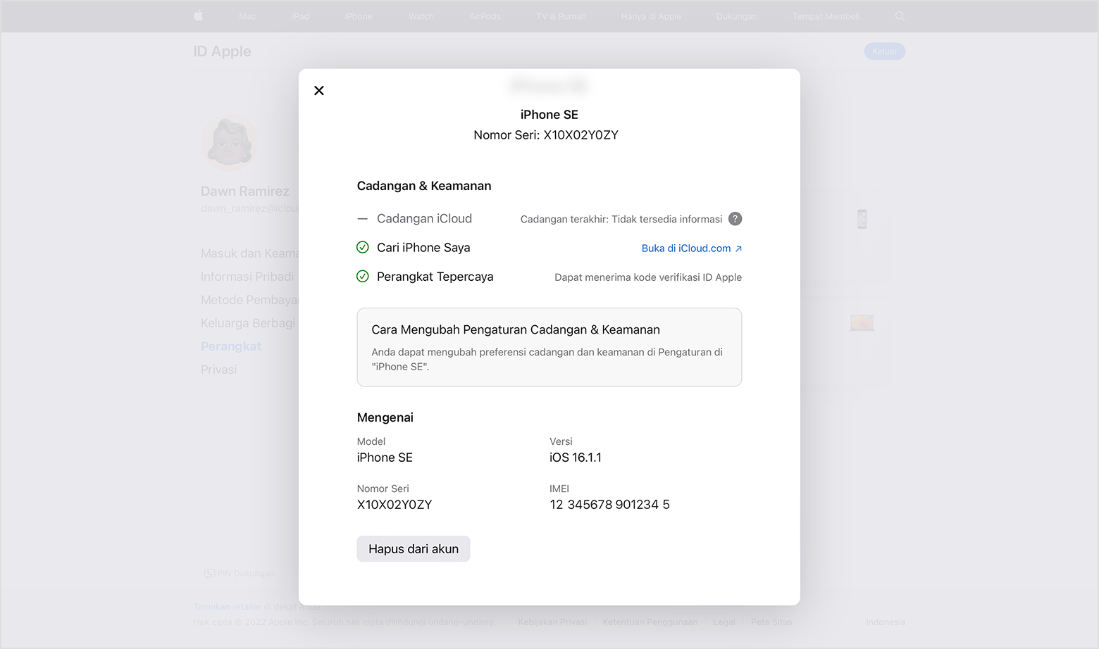 Menghapus perangkat dari daftar perangkat ID Apple Anda di web