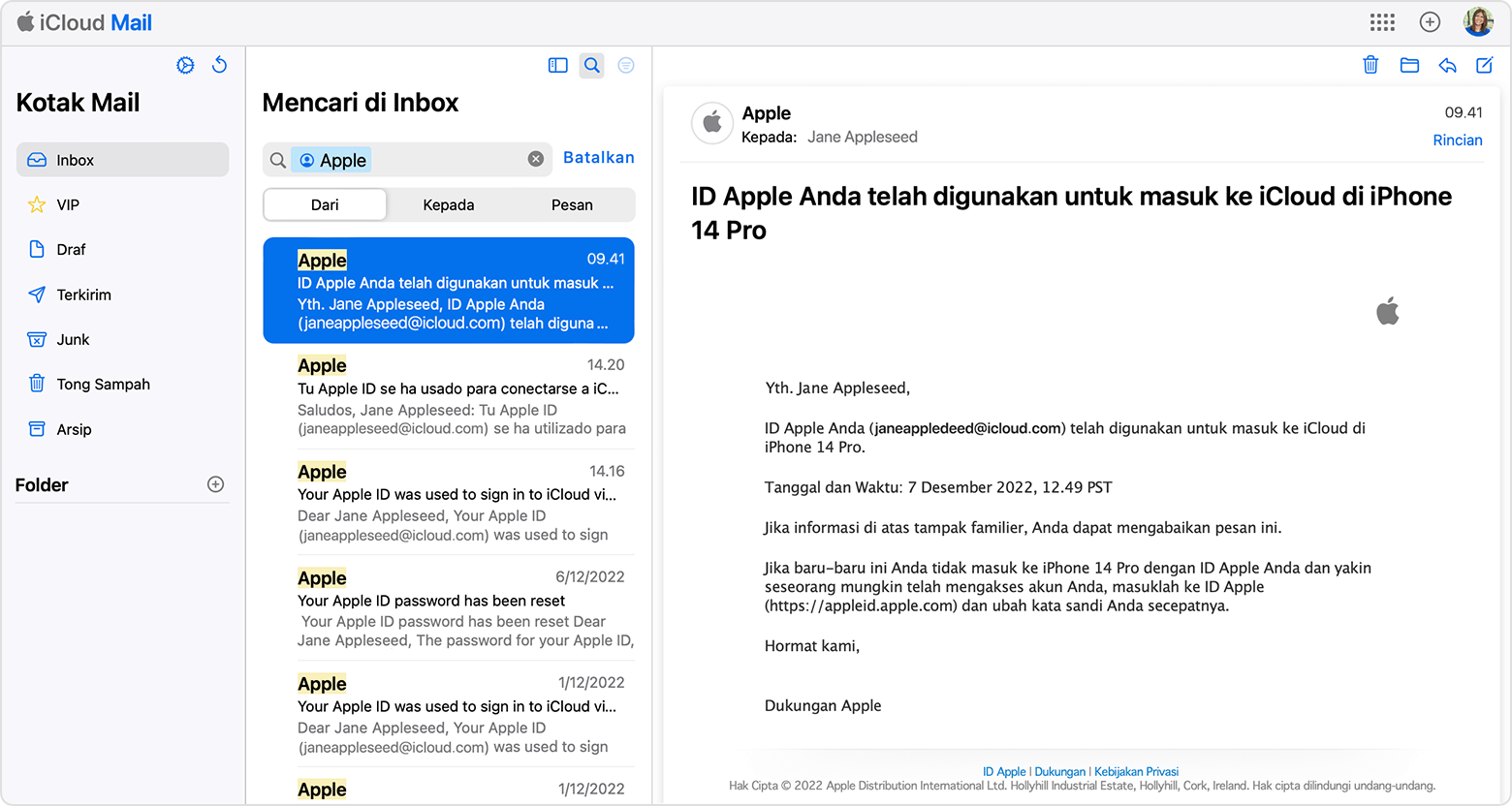 Menemukan alamat email ID Apple dengan mencari email dari Apple