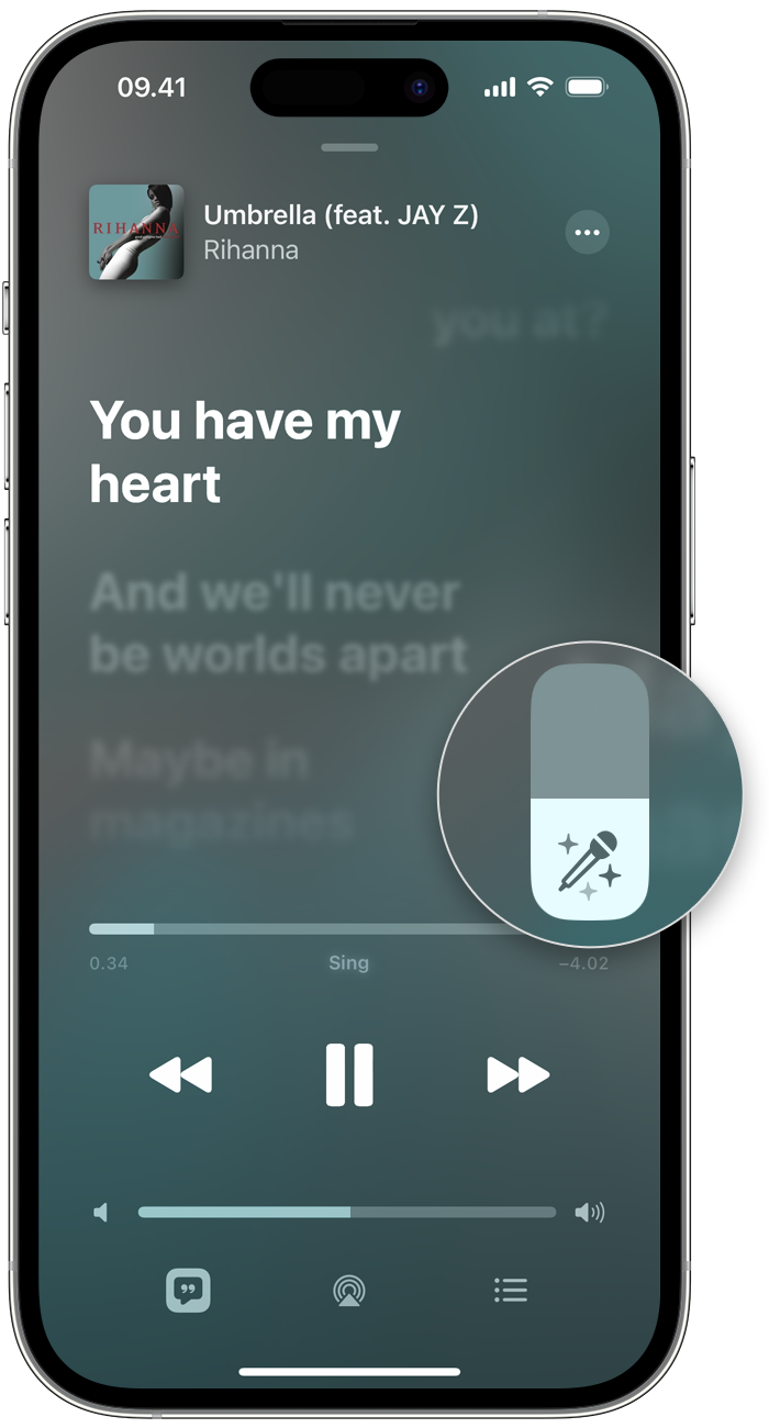 iPhone menampilkan penggeser untuk menyesuaikan vokal