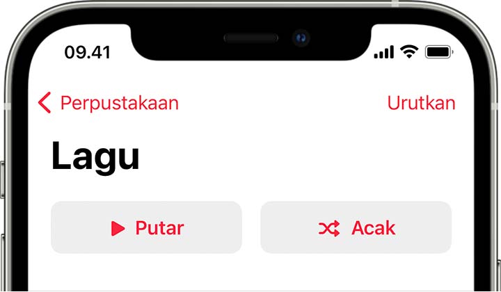 iPhone yang menampilkan tombol Acak di bagian atas Lagu di Perpustakaan.