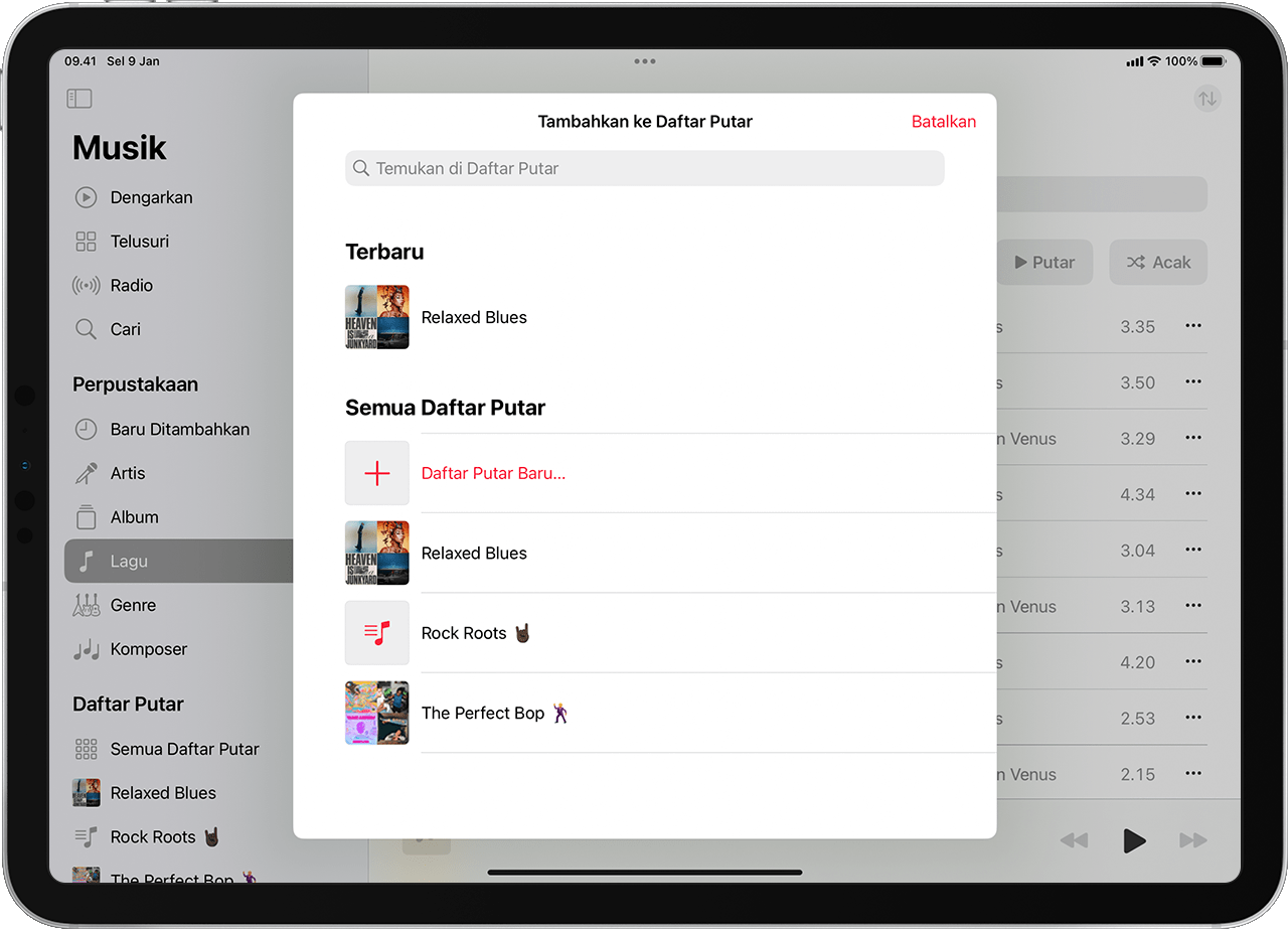 iPad menampilkan penambahan musik ke daftar putar yang ada