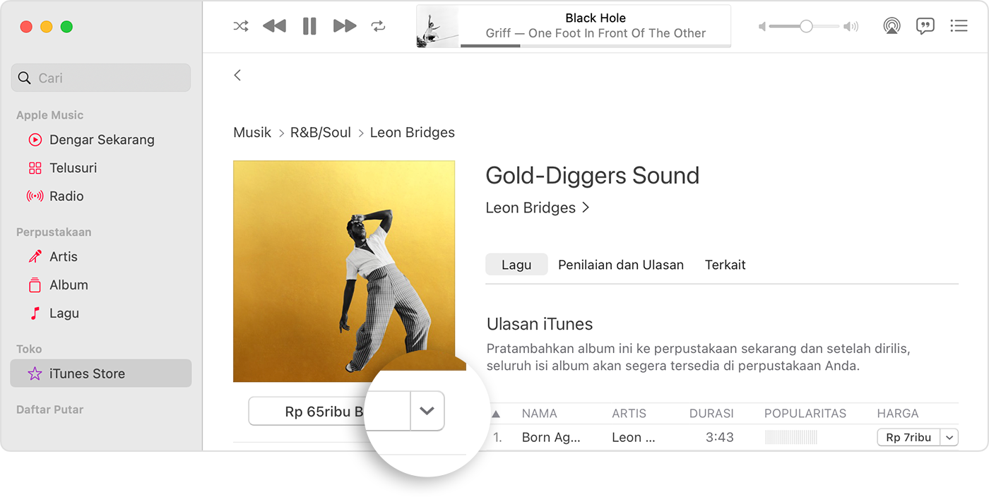 iTunes Store di app Apple Music menampilkan tombol panah di sebelah harga